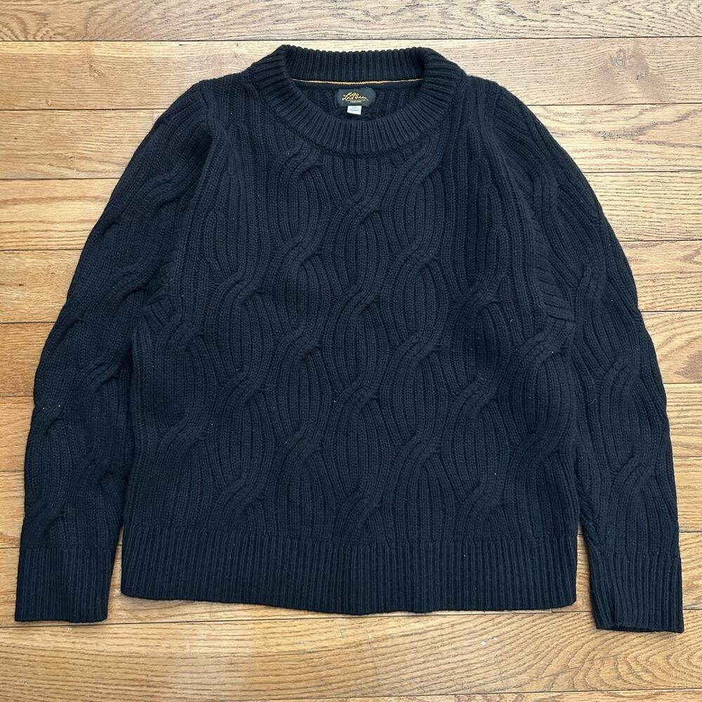 Ll Bean Signature 100% Cashmere Cable Knit Fisherman Black Sweater Women’s Small